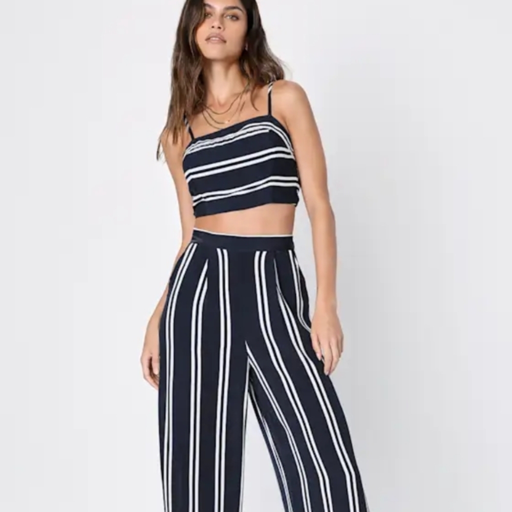Lulus Coastal Living navy blue and white striped two-piece set